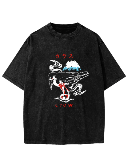 Retro Crow Pattern Vintage Distressed T-shirt-Zazasy