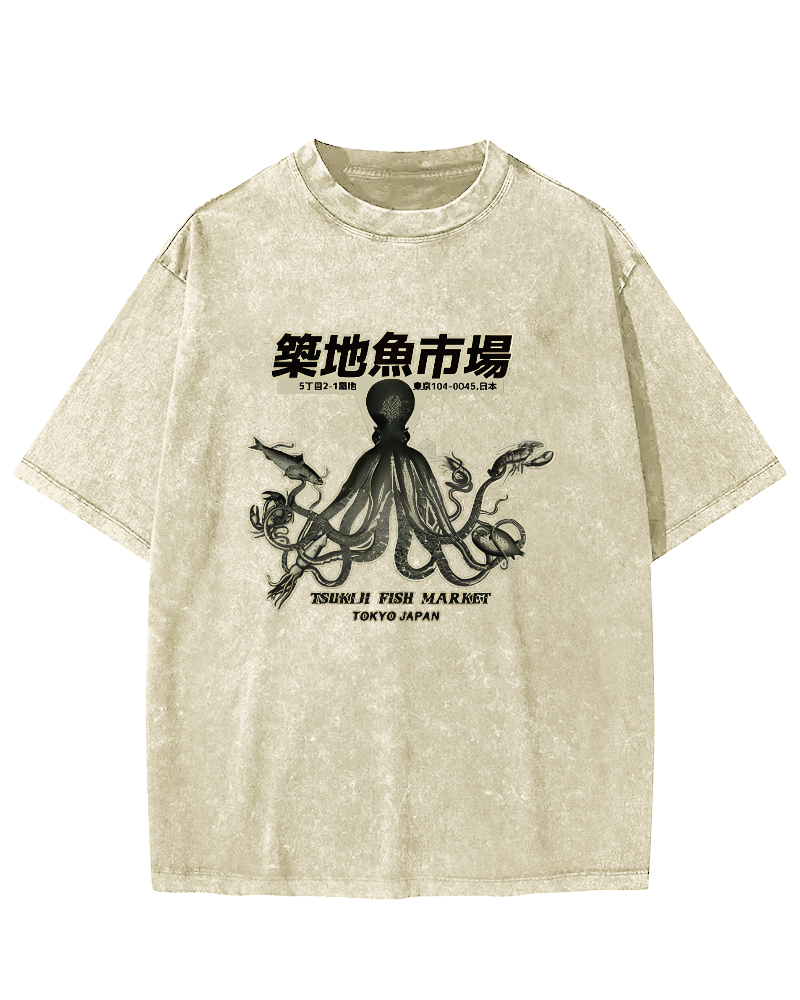 Japanese Octopus Pattern Vintage Distressed T-shirt-Zazasy
