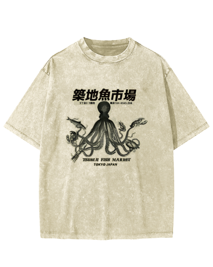 Japanese Octopus Pattern Vintage Distressed T-shirt-Zazasy