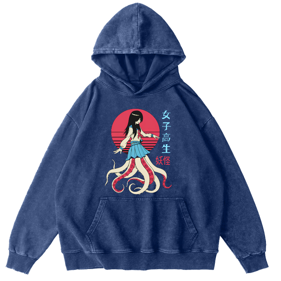 Female Octopus Monster Vintage Distressed Hoodie-Zazasy
