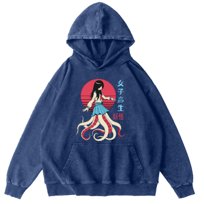 Female Octopus Monster Vintage Distressed Hoodie-Zazasy