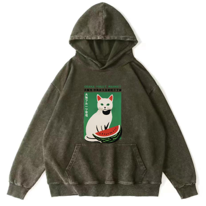 Cat Who Loves To Eat Watermelon Vintage Distressed Hoodie-Zazasy