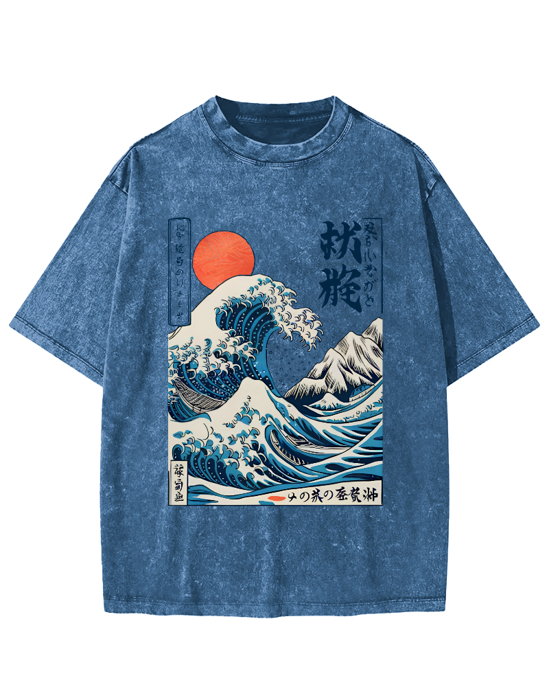 Ukiyo-e ocean Waves Vintage Washed T-shirt-Zazasy