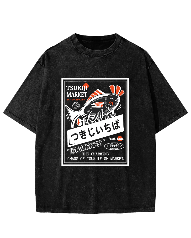 Small Fish Pattern Japanese Style Vintage Distressed T-shirt-Zazasy