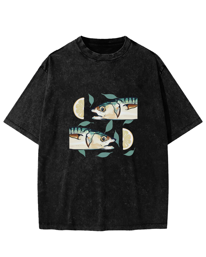 Japanese Lemon Fish Pattern Vintage Distressed T-shirt-Zazasy