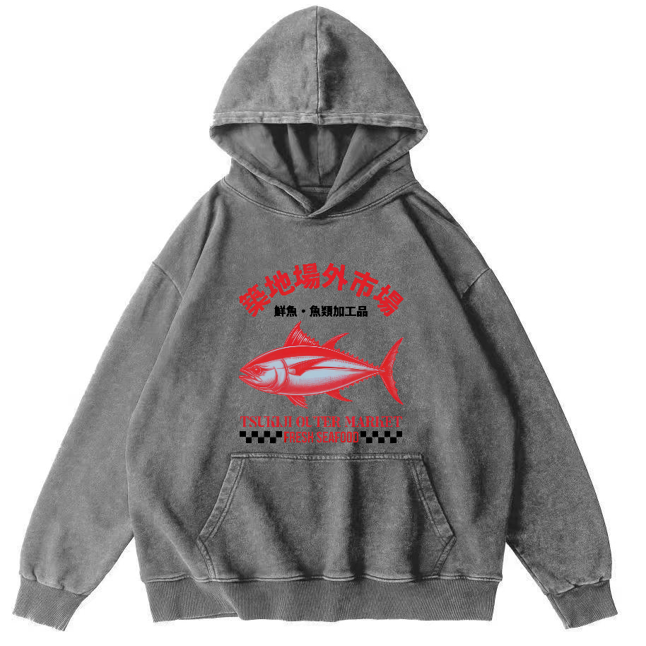 Japanese Seafood Market Tuna Vintage Distressed Hoodie-Zazasy