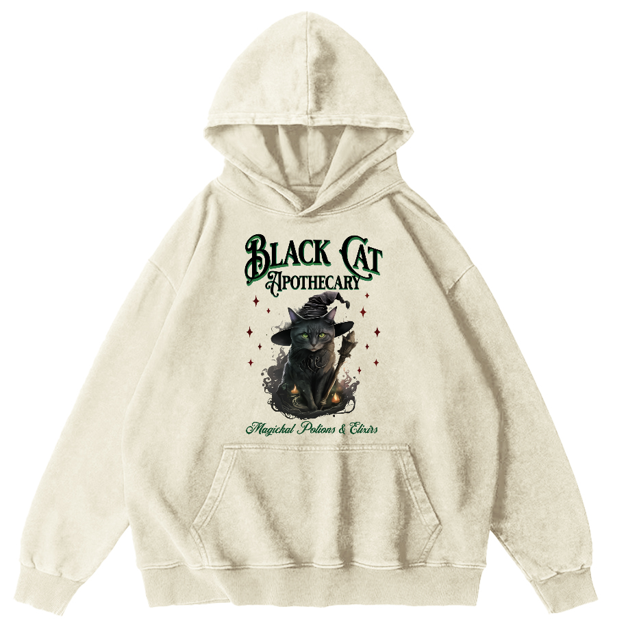 Black Cat Vintage Washed Hoodie-Zazasy