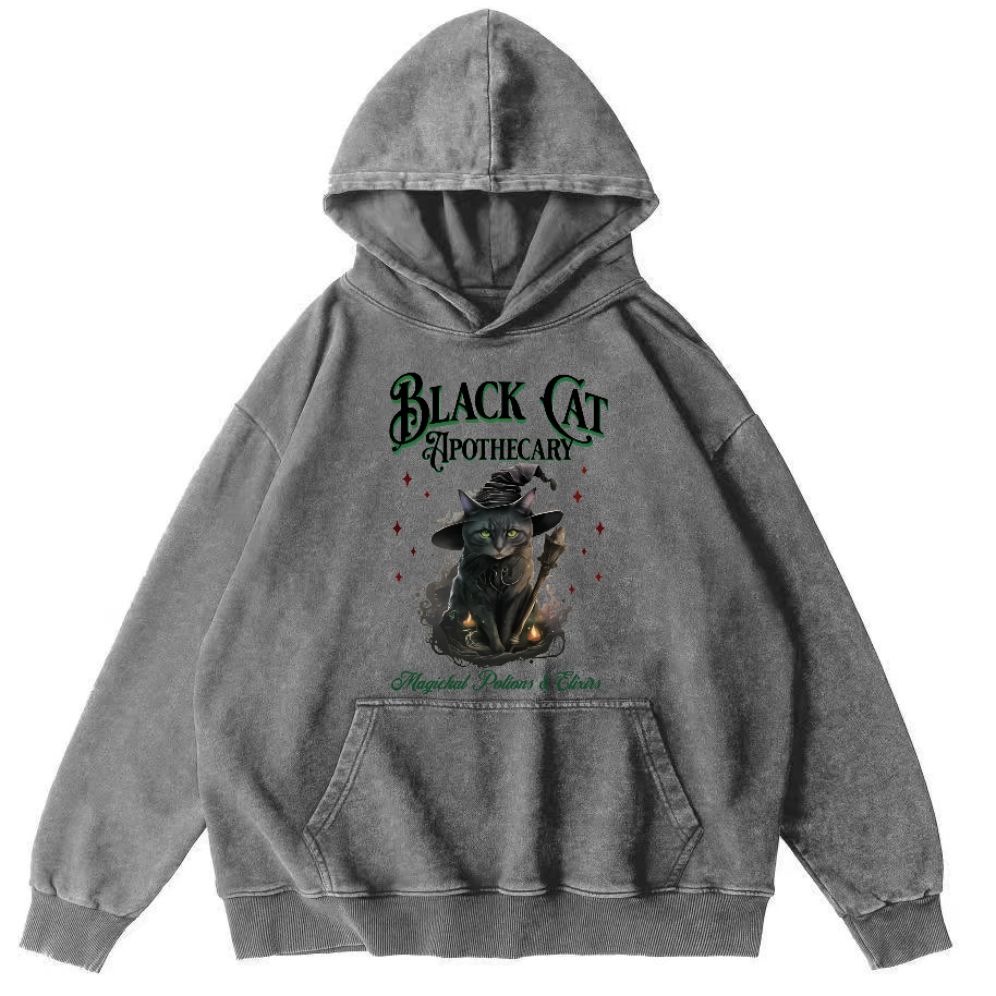 Black Cat Vintage Washed Hoodie-Zazasy