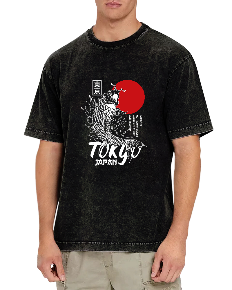 Japanese Script Koi Pattern Vintage Distressed T-shirt-Zazasy