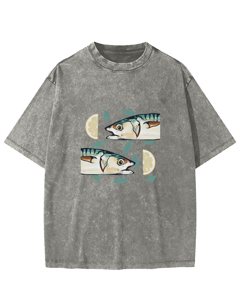 Japanese Lemon Fish Pattern Vintage Distressed T-shirt-Zazasy