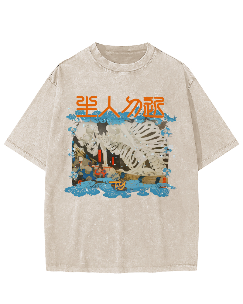 Skeleton Japanese Vintage Washed T-shirt-Zazasy