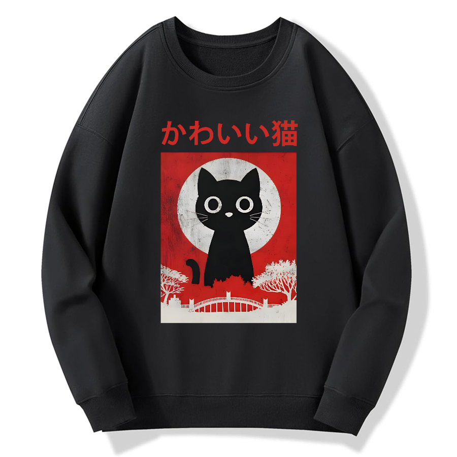 Retro Cute Black Cat Cotton Pullover Sweatshirt