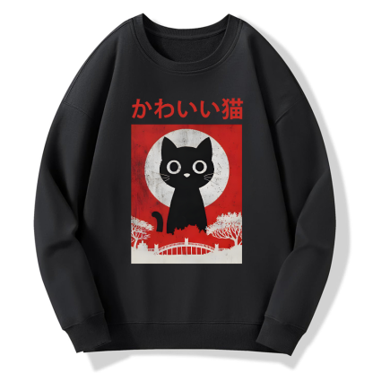 Retro Cute Black Cat Cotton Pullover Sweatshirt