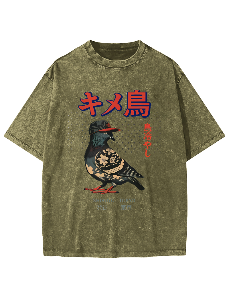 Tokyo Pigeon Vintage Washed T-shirt-Zazasy