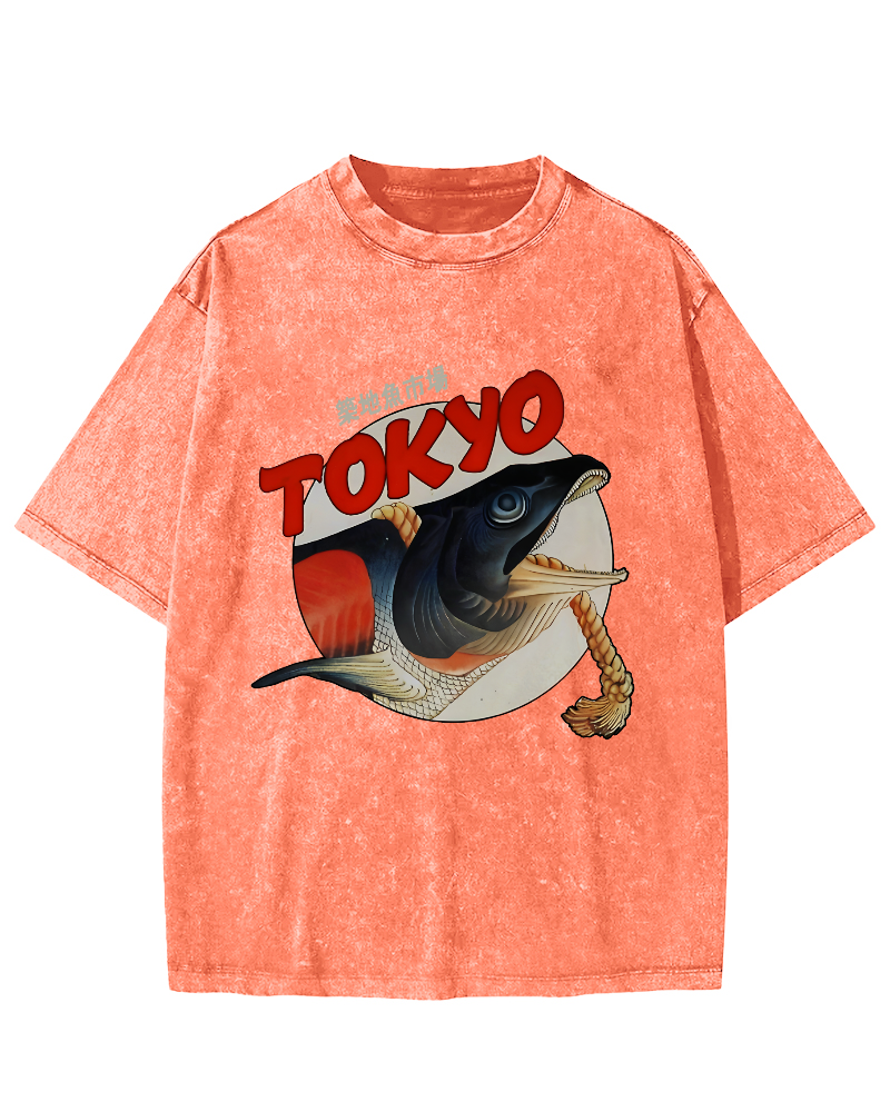 Tokyo Tsukiji Fish Market Vintage Washed T-shirt-Zazasy
