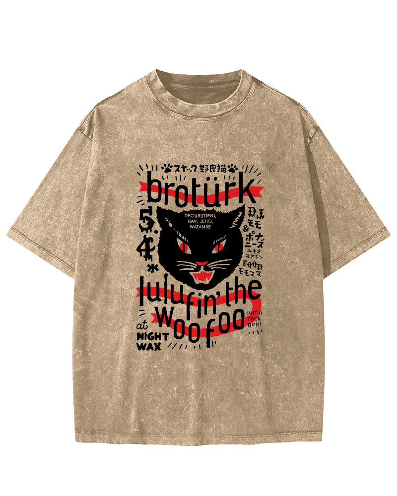 Japanese Character Cat Pattern Vintage Distressed T-shirt-Zazasy