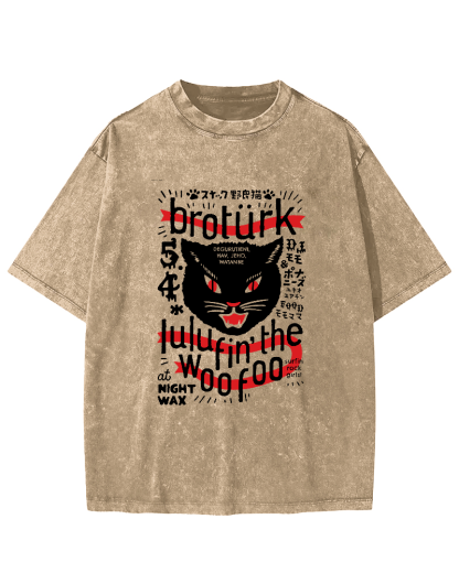 Japanese Character Cat Pattern Vintage Distressed T-shirt-Zazasy