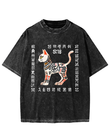Abstract Geometry Cat Japanese Style Vintage Distressed T-shirt-Zazasy