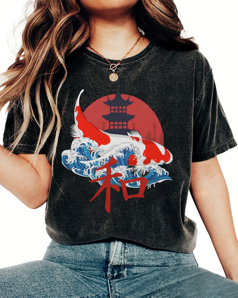 Japanese Style Koi Fish Vintage Distressed T-shirt-Zazasy