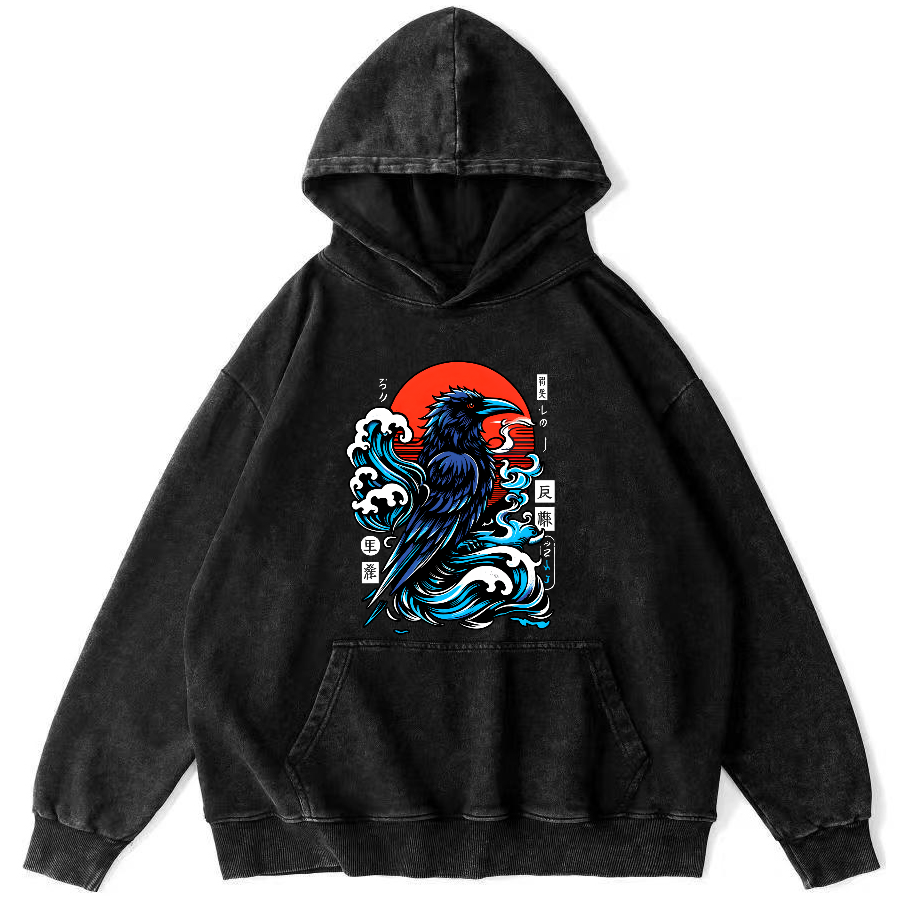 Crows In The Waves Vintage Distressed Hoodie-Zazasy