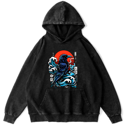 Crows In The Waves Vintage Distressed Hoodie-Zazasy
