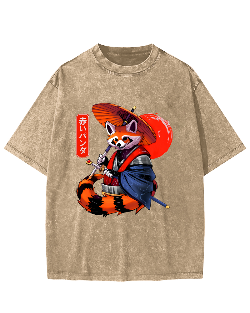 Japanese Red Fox Warrior Vintage Washed T-shirt-Zazasy