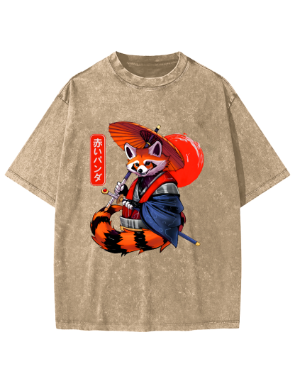 Japanese Red Fox Warrior Vintage Washed T-shirt-Zazasy