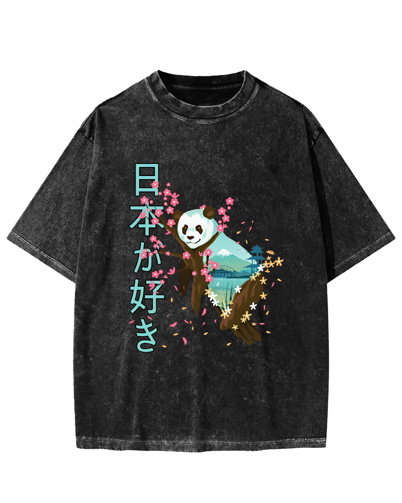 Cute Panda Japanese Style Vintage Washed T-shirt-Zazasy