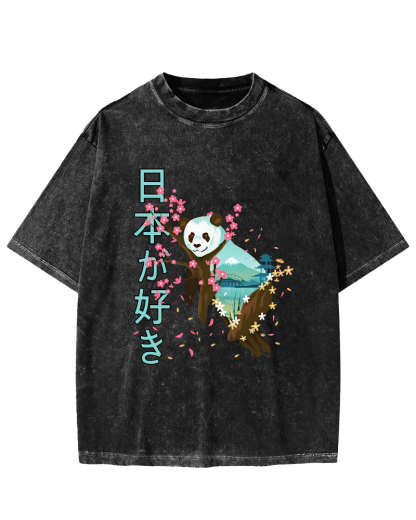 Cute Panda Japanese Style Vintage Washed T-shirt-Zazasy