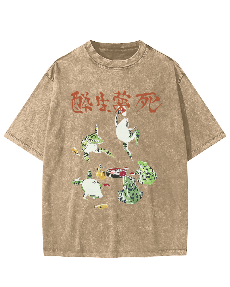 Drunk and Dreaming Frog, Japanese Style Vintage Washed T-shirt-Zazasy