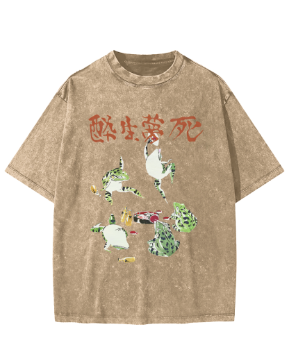 Drunk and Dreaming Frog, Japanese Style Vintage Washed T-shirt-Zazasy