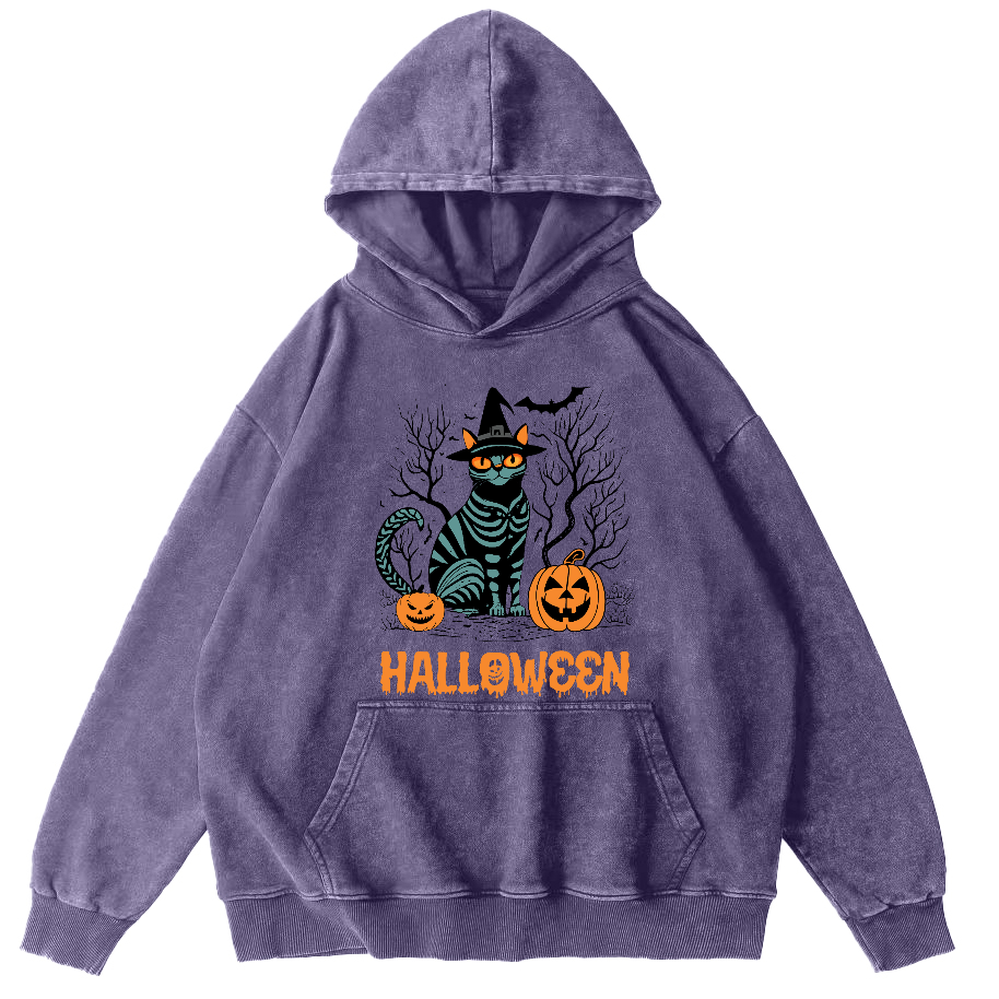 Halloween Cat Vintage Washed Hoodie-Zazasy