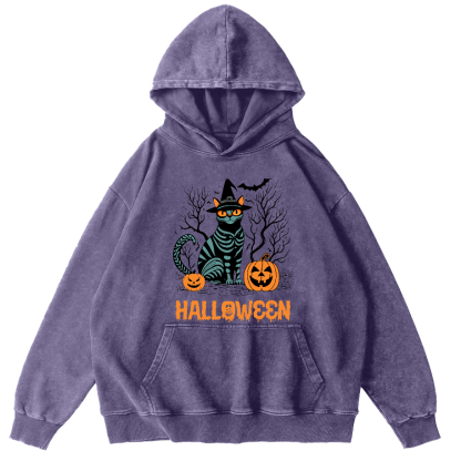 Halloween Cat Vintage Washed Hoodie-Zazasy