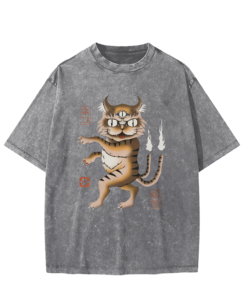 Cat Monster Japanese Vintage Washed T-shirt-Zazasy