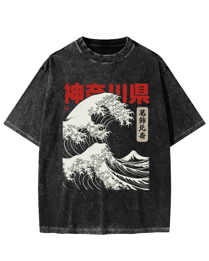 Shennai Giant Wave Vintage Washed T-shirt-Zazasy