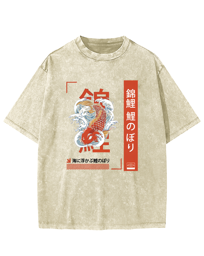 Japanese Script Koi Pattern Vintage Distressed T-shirt-Zazasy