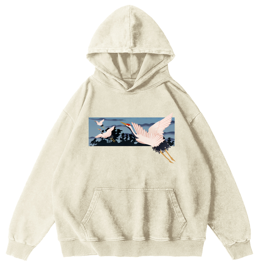 Idle Clouds, Wild Cranes, Japanese Style Vintage Washed Hoodie-Zazasy