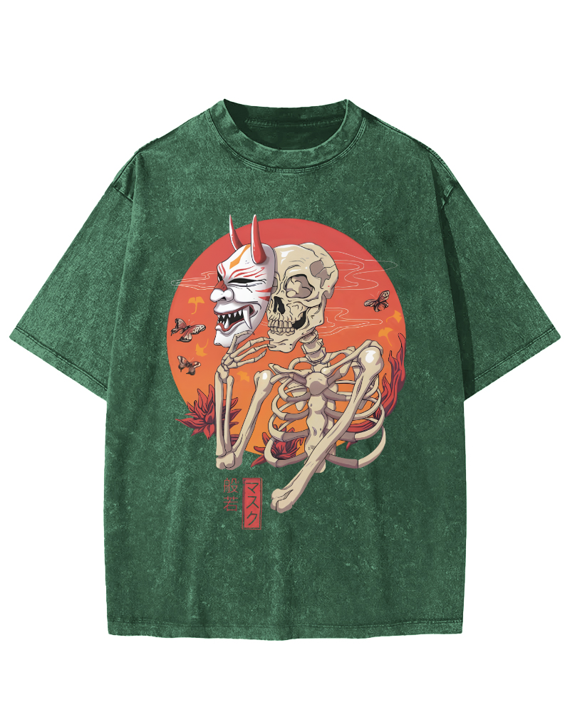 Mask Skeleton Japanese Vintage Distressed T-shirt-Zazasy