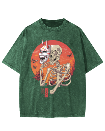 Mask Skeleton Japanese Vintage Distressed T-shirt-Zazasy