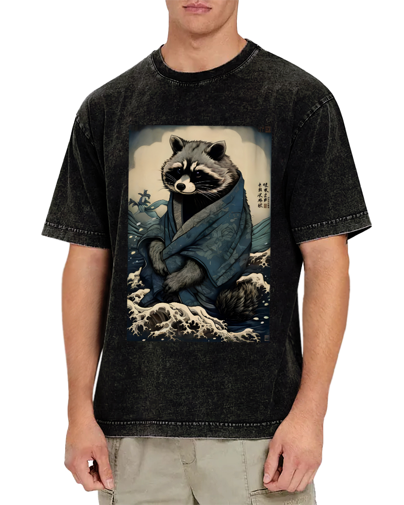 Raccoon in The Waves, Japanese Style Vintage Washed T-shirt-Zazasy