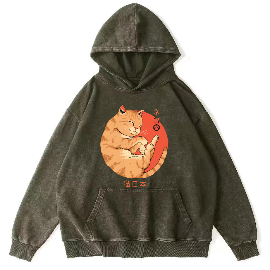 Lazy Japanese Cat Vintage Distressed Hoodie-Zazasy