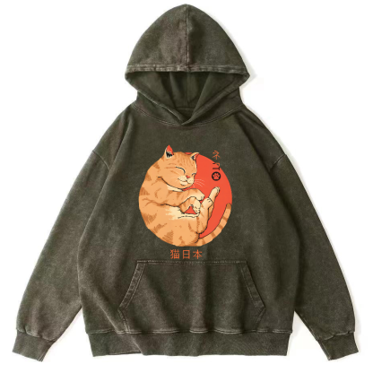 Lazy Japanese Cat Vintage Distressed Hoodie-Zazasy