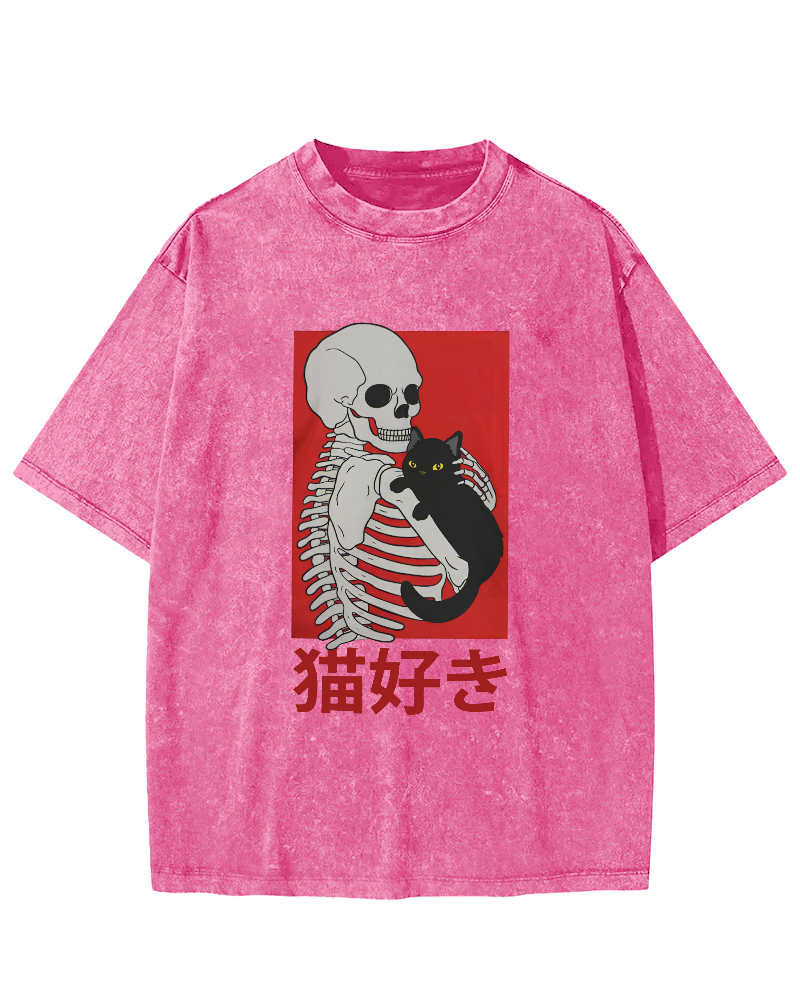 Skeleton And Cat Japanese Style Vintage Washed T-shirt-Zazasy