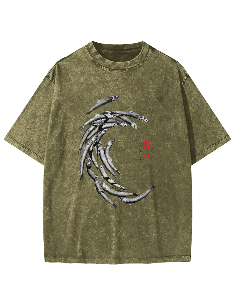 Japanese Fchool Of Fish Pattern Vintage Distressed T-shirt-Zazasy