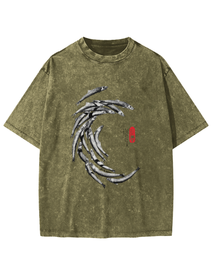 Japanese Fchool Of Fish Pattern Vintage Distressed T-shirt-Zazasy