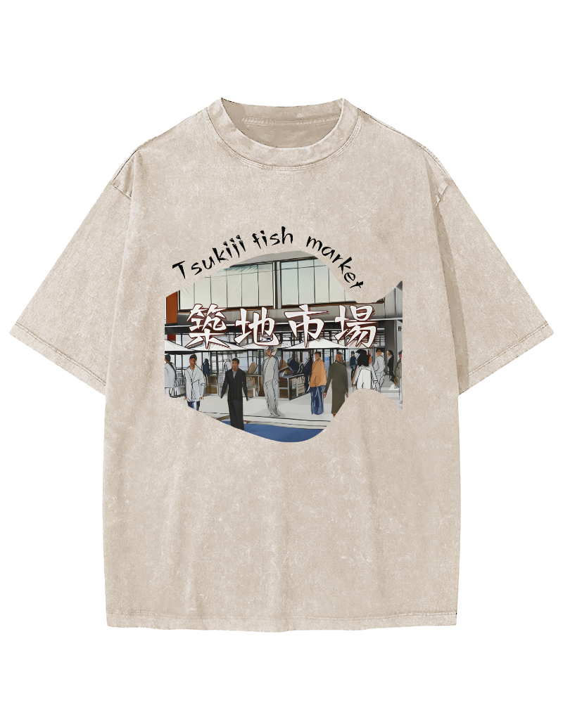 Tokyo Fish Market, Japan Vintage Washed T-shirt-Zazasy