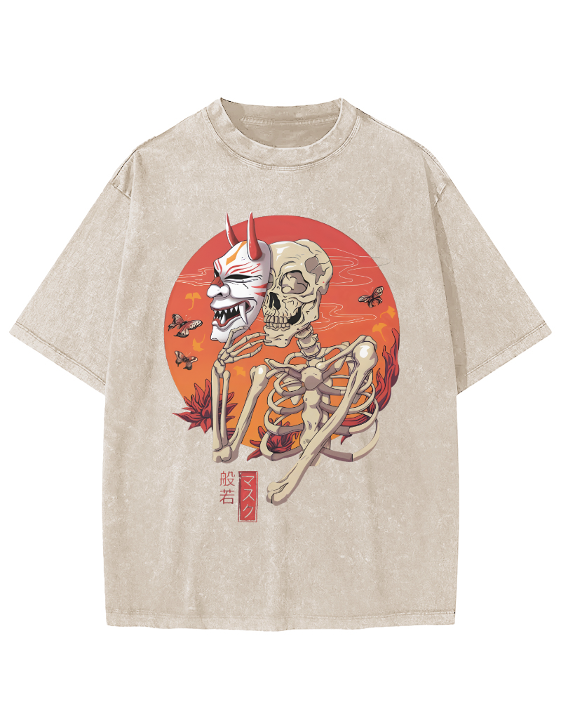 Mask Skeleton Japanese Vintage Distressed T-shirt-Zazasy