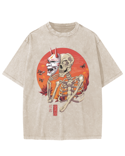 Mask Skeleton Japanese Vintage Distressed T-shirt-Zazasy