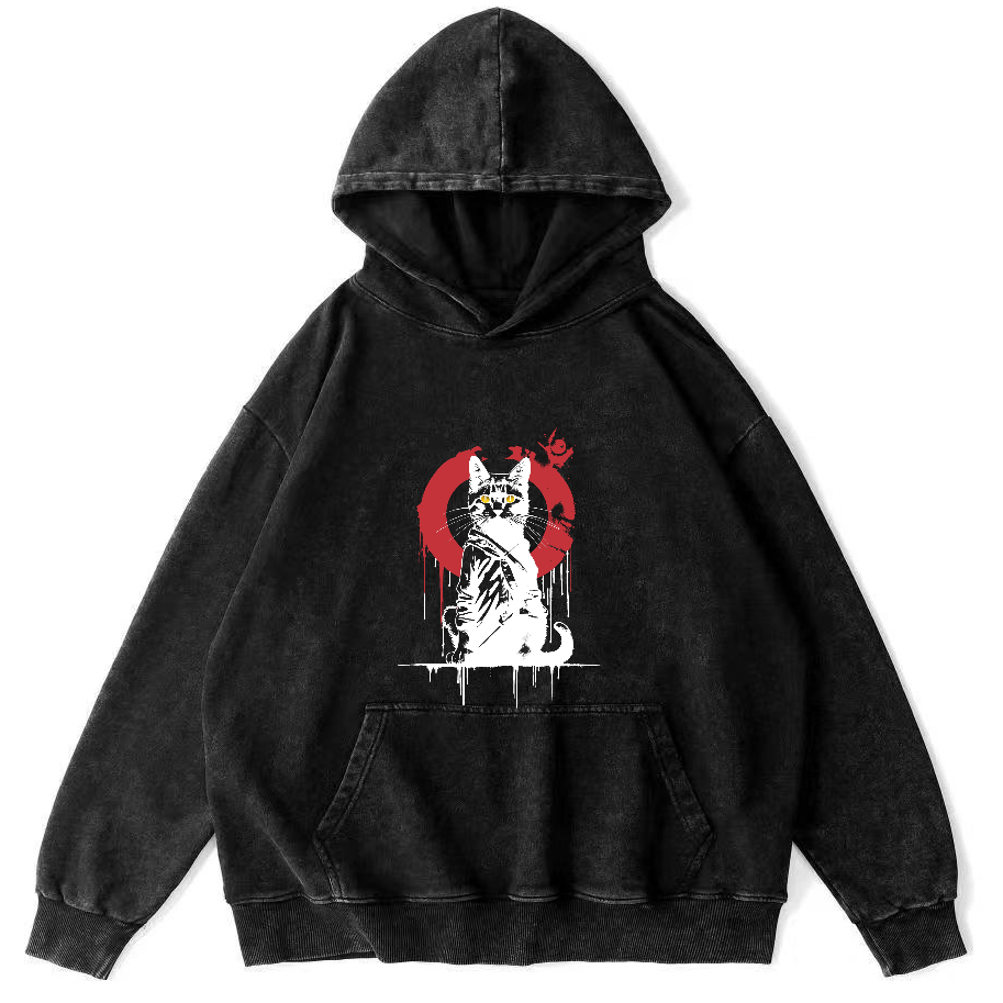 Japanese Style Cat Vintage Distressed Hoodie-Zazasy