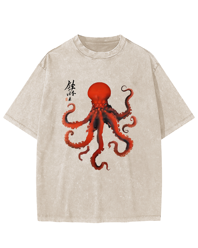 Japanese Octopus Vintage Washed T-shirt-Zazasy
